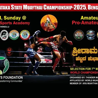 The official poster for the Karnataka State Muaythai Championship, which also serves as the selection for the Muaythai World Championship in Thailand.