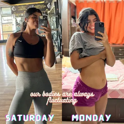 This is my body on a Saturday versus a Monday. Our bodies are always fluctuating due to things like food, hydration, and hormones. This is a real-life example of bloating and a reminder not to let a temporary situation derail your long-term goals.