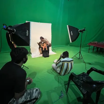 A wide shot of my first test look shoot for the Netflix series 'Kaala Paani'. This shows the green screen setup, lighting, and the full team at work.
