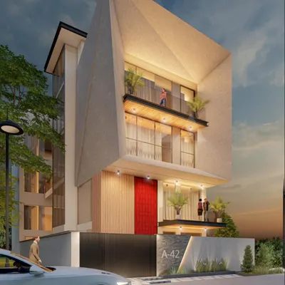 This futuristic facade concept demonstrates how bold architectural volumes can be softened with integrated green balconies. The design creates a visual landmark while providing private outdoor spaces for residents.