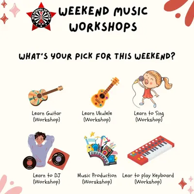 What's your pick for this weekend? This graphic showcases our range of workshops, including guitar, ukulele, singing, DJing, music production, and keyboard.