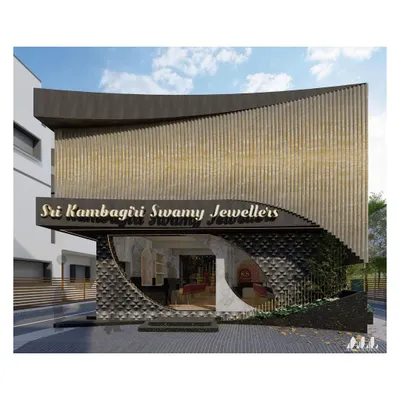 A direct frontal view of the Sri Kambagiri Swamy Jewellers concept. This perspective clearly shows the balanced composition, from the inviting, curved entryway to the impressive, vertically textured upper facade that establishes a landmark presence.