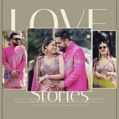 A beautiful collage of a couple's "Love Story" from their wedding day. The coordinated pink outfits and their happy, intimate moments are captured in a stylish album-style layout.