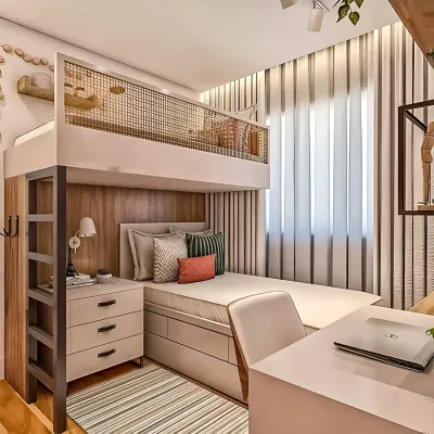 This loft bed design combines a cozy upper bunk with a lower bed and an integrated desk and drawers. The use of natural wood tones and a woven rattan barrier adds a touch of modern, warm style to this compact kids' room.