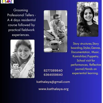 This poster for my residential Diploma course highlights the three pillars of our training: my guidance on story structure, Vipin's expertise in music and rhythm, and Manjusha's mastery of puppetry and art.