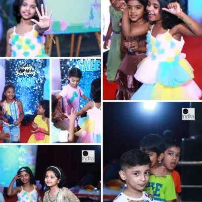 A collage capturing the vibrant energy of a 5th birthday party, from the birthday girl's big smile to her friends dancing and playing together.