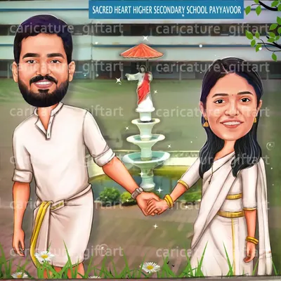 This invitation was extra special. The couple wanted their caricature set in front of their old school, Sacred Heart in Payyavoor, where their story began. It’s this kind of personalization that I love to bring into my art.