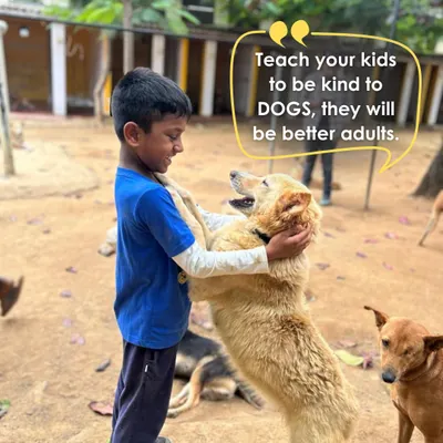 Teaching children to be kind to dogs helps them become better adults. Here, a young visitor shares a moment with Jackie, a dog abandoned during the pandemic who found her forever home with us in 2020.