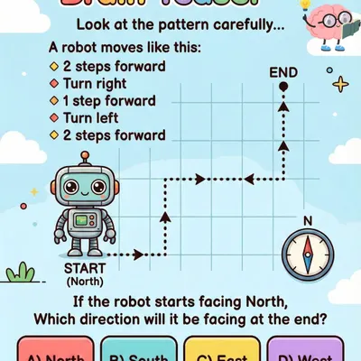 Can you crack this robot's code? This brain teaser challenges you to trace the robot's path step by step to figure out which direction it's facing at the end. It's a fun way to practice sequencing and directional logic.