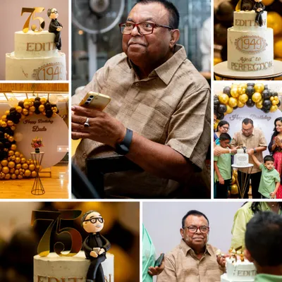 We documented a 75th birthday party, creating this collage to highlight the key moments. It includes portraits of the man of the hour, cake-cutting with family, and details of the personalized decor.