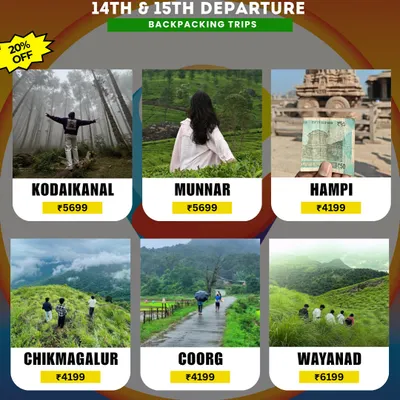 Here's a look at our popular 2-day backpacking trips. Choose from misty hill stations like Kodaikanal and Munnar or heritage sites like Hampi. All packages include transport from Bangalore, stay, and guided sightseeing.