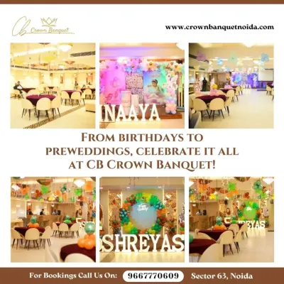 This collage displays the versatility of our venue for various celebrations, from birthdays to pre-wedding events. It features different themed backdrops, balloon decorations, and seating arrangements we have created for our clients' special days.