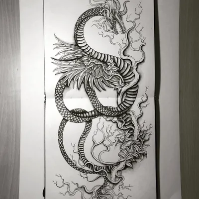 A finished two-page sketchbook spread of a winged serpent, or dragon, coiled in an infinity loop. This design is perfect for a full back piece or a tattoo that wraps around a limb.