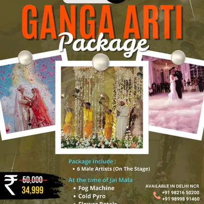 Our Ganga Aarti package offers a unique and spiritual experience for your Jaimala. It includes six male artists performing a live Aarti on stage, complete with fog, cold pyros, and a flower petal shower for a divine atmosphere.