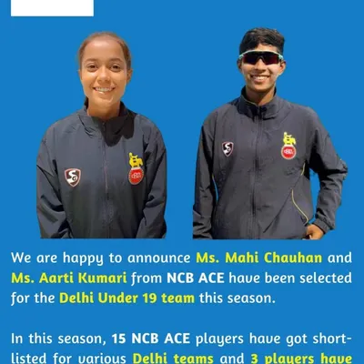 We are incredibly proud to announce that our trainees, Ms. Mahi Chauhan and Ms. Aarti Kumari, have been selected for the Delhi Under 19 team. This is a testament to our dedicated women's cricket program and the hard work of our athletes.