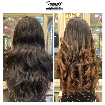 A classic before-and-after that shows the impact of well-placed highlights. We transformed this client's dark hair by adding warm, caramel tones and styling it into bouncy curls.