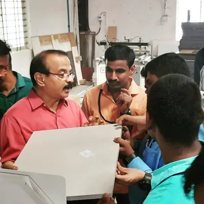Our students on a factory visit, examining materials and processes used in large-scale modular furniture manufacturing.