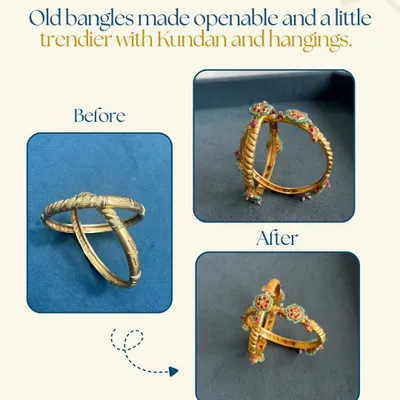 Old bangles made openable and trendier with Kundan and hangings. This simple fix makes them wearable again, proving that style should never be wasted.