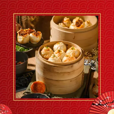 An assortment of freshly steamed dim sum presented in traditional bamboo steamers. We offer an exquisite selection of Pan-Asian delights for your events.