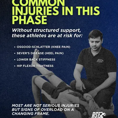 During growth spurts, young athletes are at higher risk for overload injuries like Osgood-Schlatter and Sever's disease. Our youth program is designed to manage this phase safely.