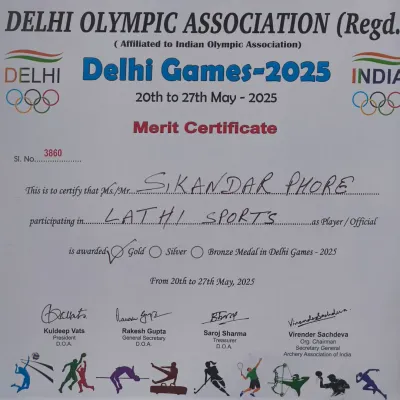This is the proof of my dedication to Lathi Sports. A Gold Medal from the Delhi Games 2025, earned through discipline and hard work.