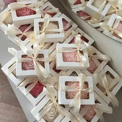 Peony-shaped candles are trending for baby shower orders. For this client, we customized them in a lovely baby pink, packed in simple white window boxes, and had them ready in just 4 days.