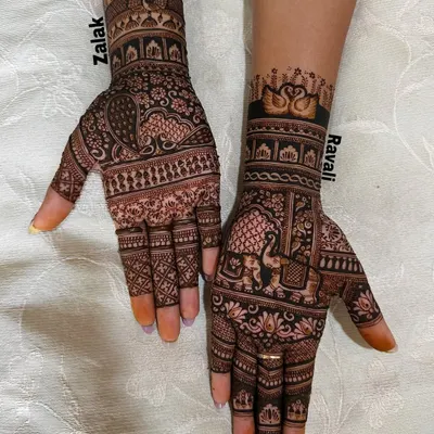 A heavy Indian mehendi design featuring a mix of traditional motifs, including elephants, swans, peacocks, and intricate grid work.