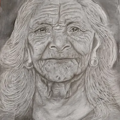 This is a finished pencil shading portrait where the focus was on capturing the story told by the wrinkles on a face. Learning to draw textures like aged skin is a challenging but rewarding part of my advanced portrait course.