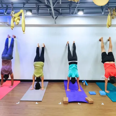 Before we fly, we build our foundation. Wall-supported handstands are a fantastic way to develop the shoulder stability and core engagement necessary for safe inversions, both on the mat and in the aerial hammock.