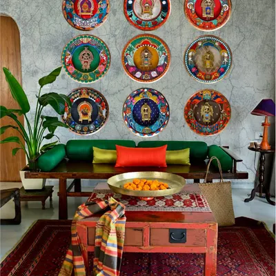The complete Navagraha set, installed as a magnificent wall feature. This collection of nine hand-painted artworks on restored clock frames represents a journey through Vedic cosmology, created in close collaboration with my client.
