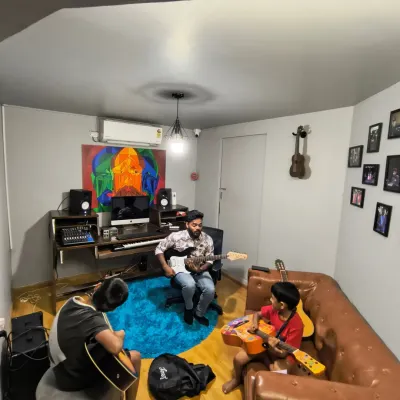 This is what a typical guitar class looks like. Our space is designed to be comfortable and inviting, making it the perfect place to learn, create, and just feel the music.