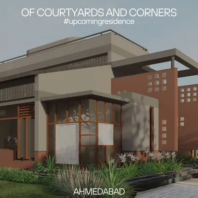 **Of Courtyards and Corners, Ahmedabad:** An architectural rendering of an upcoming residence. The design breaks away from a simple box, using intersecting volumes, courtyards, and interactive openings to weave stories and bring in natural light.