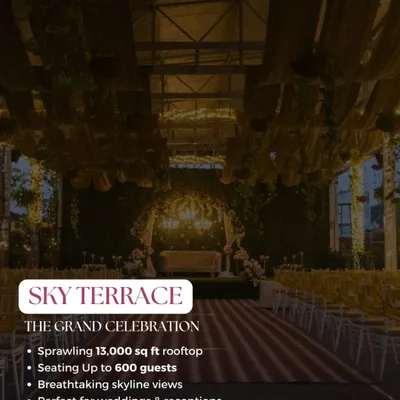 An overview of the Sky Terrace, highlighting its key features including the 13,000 sq ft space and capacity for 600 guests, perfect for large-scale weddings and receptions.