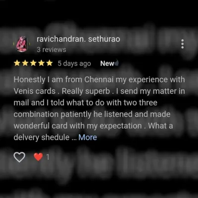 I am happy to work with clients from all over the country. This review from a client in Chennai highlights my patient and collaborative process, ensuring the final card perfectly matched their expectations, no matter the distance.