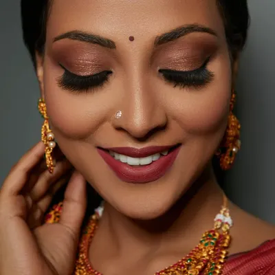 A close-up of a stunning South Indian bridal look. The focus here is on the dramatic, coppery-gold smokey eye and a bold matte lip, which beautifully complements the traditional gold jewelry.