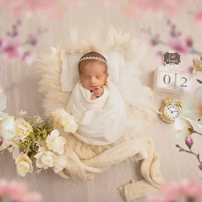 A classic and angelic setup. The baby is swaddled in white and rests on a soft, fluffy surface with a tiny pillow, creating a pure and serene portrait.