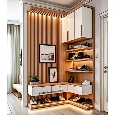 This corner shoe storage unit is a perfect example of smart design. The L-shaped bench fits neatly into the entryway, and the integrated LED lighting under the shelves and bench creates a warm, welcoming glow while highlighting your shoe collection.