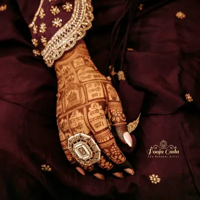 A close-up of a gorgeous, dark henna stain, showing how the intricate grid work and mantras stand out beautifully.