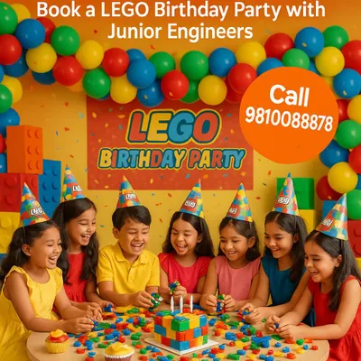 We create a vibrant and engaging atmosphere for your child's special day. Here, a group of happy kids in party hats enjoys a LEGO building session around a table filled with colorful bricks and a unique LEGO-themed birthday cake.
