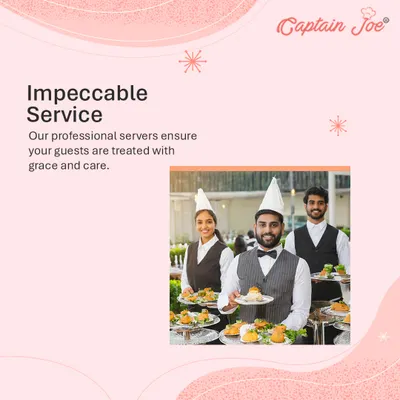 Impeccable service is our promise. Our professional servers, seen here in uniform, ensure every guest is treated with grace and care, making your event run smoothly and professionally.