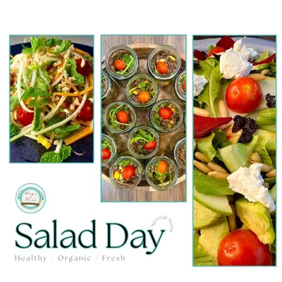 A collage showcasing my "Salad Day" special menu. It features my vibrant Som Tom Salad, individual Red Quinoa Salad jars, and a close-up of my Beetroot Salad, highlighting the fresh, organic ingredients I use.