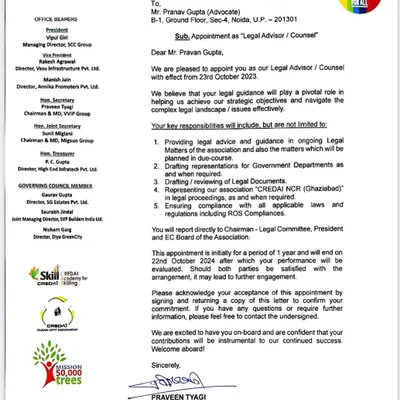 This official appointment letter from CREDAI confirms my position as their Legal Advisor. It is a testament to my specialized knowledge in real estate law and my ability to provide strategic guidance on complex legal issues facing the industry.