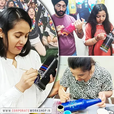 Participants fully engaged in a Dot Mandala bottle painting session. Our workshops are designed to be meditative and relaxing, allowing team members to unwind while creating something beautiful.
