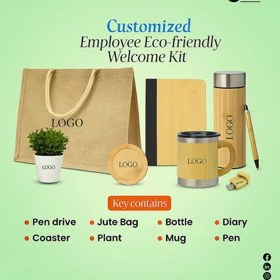 Welcome your team with a gift that’s good for the planet. This eco-friendly welcome kit includes a jute bag, a bamboo diary and pen, a bamboo mug and coaster, a copper bottle, a pen drive, and a small plant.