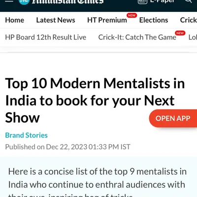 I was incredibly honored and grateful to be featured in the Hindustan Times as one of the "Top 10 Modern Mentalists in India to book for your Next Show." This recognition from such a respected publication means a great deal.