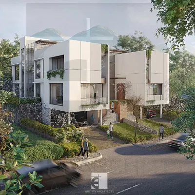 This is our proposed design for a scheme of six modern holiday homes in Kune Village, Lonavala. The architecture focuses on integrating with the natural landscape, featuring stilt construction, large windows, and green spaces to create a tranquil retreat.