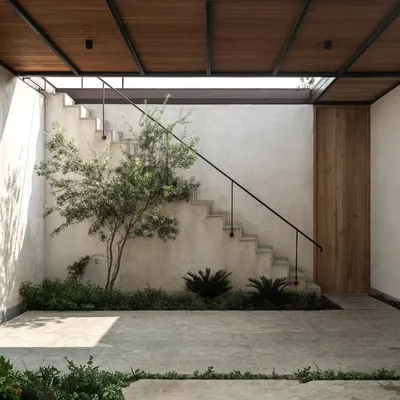 A central courtyard in a recently completed house, designed as a tranquil heart of the home. The inclusion of a tree and simple landscaping, combined with the concrete and wood material palette, creates a peaceful, private outdoor room.