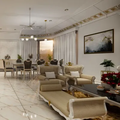 A wide-angle view of a grand living and dining room, designed for luxurious comfort and entertaining. The cohesive design features classic furniture silhouettes, elegant drapery, and intricate ceiling details, all unified by a polished marble floor.