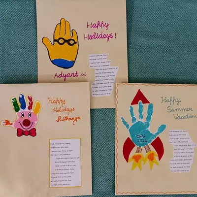 These "Happy Holidays" cards are a perfect example of our takeaway art. Using their own handprints, children create personalized greetings for their families, making the art both meaningful and memorable.