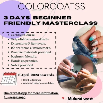 Here are all the details for my 3-day beginner-friendly masterclass. You'll learn the core skills of a nail technician, including gel polish application, extensions, and over 15 art forms, in a hands-on setting with flexible weekend batches available.